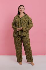 Akbeniz Kadın Büyük Beden Tropikal Yaprak Desenli Düğmeli Pijama Takımı