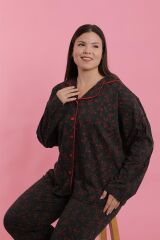 Akbeniz Kadın Büyük Beden Siyah Kırmızı Çiçekli Düğmeli Pijama Takımı