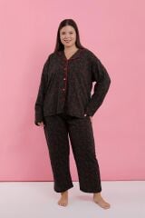 Akbeniz Kadın Büyük Beden Siyah Kırmızı Çiçekli Düğmeli Pijama Takımı