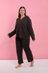 Akbeniz Kadın Büyük Beden Siyah Kırmızı Çiçekli Düğmeli Pijama Takımı