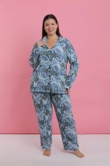 Akbeniz Kadın Büyük Beden Mavi Tropikal Desenli Düğmeli Pijama Takımı