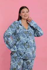 Akbeniz Kadın Büyük Beden Mavi Tropikal Desenli Düğmeli Pijama Takımı
