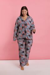 Akbeniz Kadın Büyük Beden Somon Yaprak Desenli Düğmeli Pijama Takımı