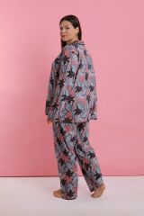 Akbeniz Kadın Büyük Beden Somon Yaprak Desenli Düğmeli Pijama Takımı
