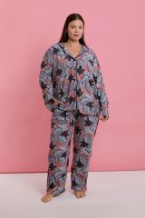 Akbeniz Kadın Büyük Beden Somon Yaprak Desenli Düğmeli Pijama Takımı