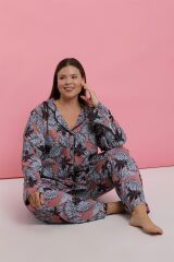 Akbeniz Kadın Büyük Beden Somon Yaprak Desenli Düğmeli Pijama Takımı