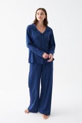 Akbeniz Kadın Lacivert Düğmeli Yaka Detaylı Pamuklu Pijama Takımı