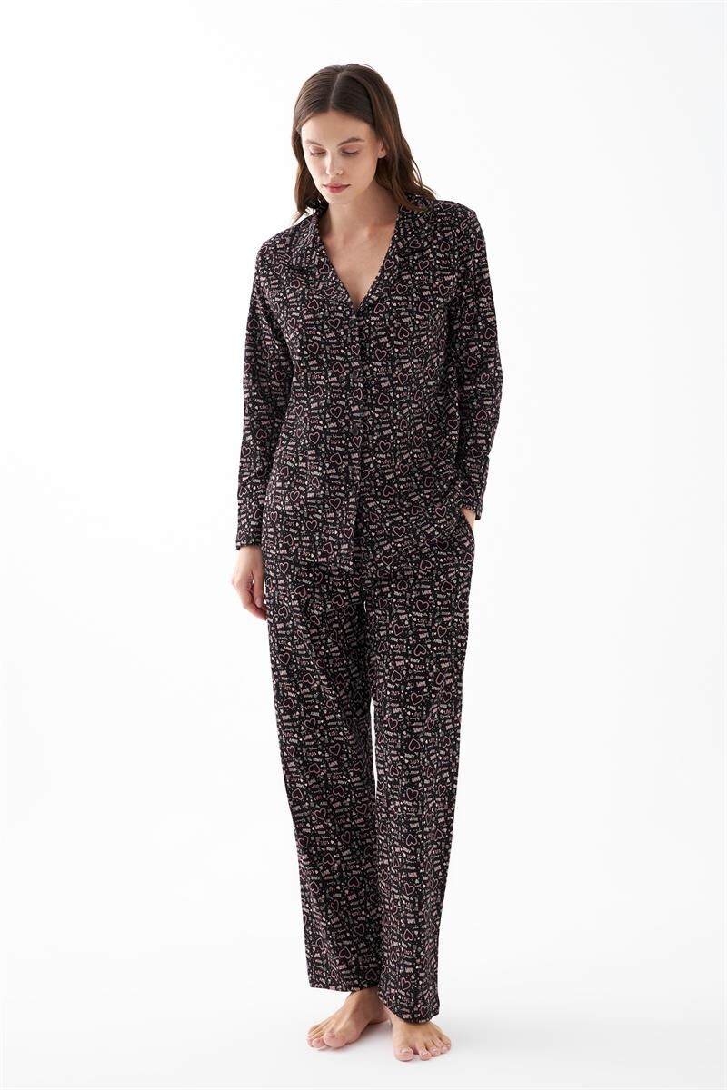 Akbeniz Kadın Siyah Düğmeli Kalp Desenli Pamuklu Pijama Takımı