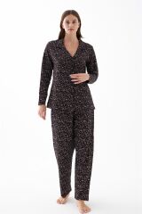 Akbeniz Kadın Siyah Düğmeli Kalp Desenli Pamuklu Pijama Takımı