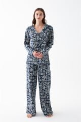Akbeniz Kadın Lacivert “Paris” Yazı Desenli Düğmeli Pamuklu Pijama Takımı