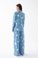Akbeniz Kadın Mavi Yıldız Desenli Düğmeli Pamuklu Pijama Takımı