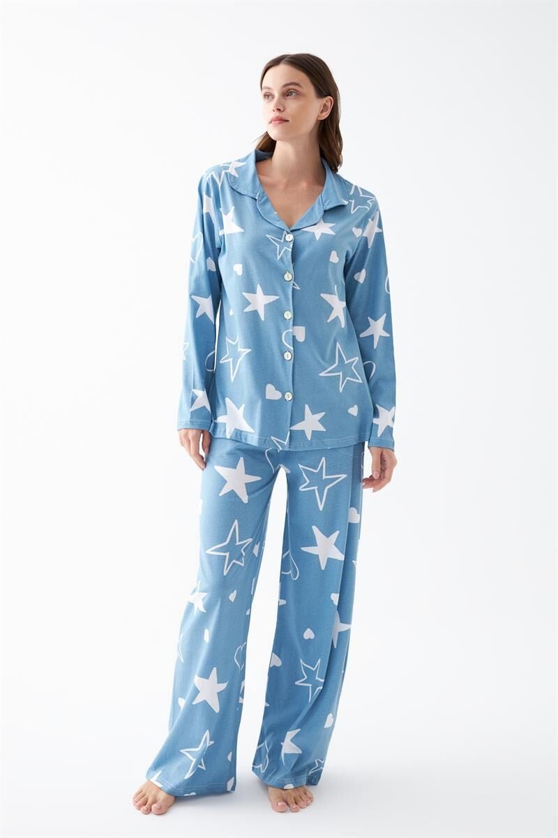 Akbeniz Kadın Mavi Yıldız Desenli Düğmeli Pamuklu Pijama Takımı
