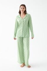 Akbeniz Kadın Yeşil Kalp Desenli Düğmeli Pamuklu Pijama Takımı