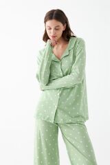 Akbeniz Kadın Yeşil Kalp Desenli Düğmeli Pamuklu Pijama Takımı