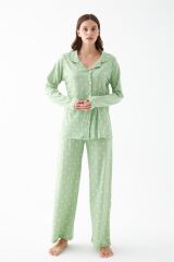 Akbeniz Kadın Yeşil Kalp Desenli Düğmeli Pamuklu Pijama Takımı