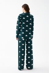 Akbeniz Kadın Zümrüt Yeşili Kalp Desenli Düğmeli Pamuklu Pijama Takımı