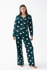 Akbeniz Kadın Zümrüt Yeşili Kalp Desenli Düğmeli Pamuklu Pijama Takımı