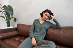Akbeniz Kadın Haki Düğmeli Pamuklu Pijama Takımı