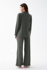 Akbeniz Kadın Haki Düğmeli Pamuklu Pijama Takımı