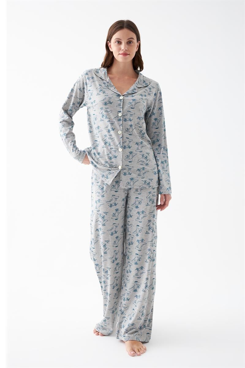 Akbeniz Kadın Gri Desenli Düğmeli Pamuklu Pijama Takımı