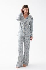 Akbeniz Kadın Gri Desenli Düğmeli Pamuklu Pijama Takımı