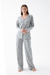 Akbeniz Kadın Gri Desenli Düğmeli Pamuklu Pijama Takımı