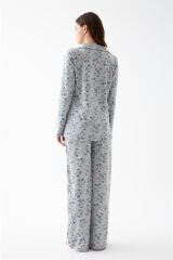 Akbeniz Kadın Gri Desenli Düğmeli Pamuklu Pijama Takımı