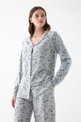 Akbeniz Kadın Gri Desenli Düğmeli Pamuklu Pijama Takımı