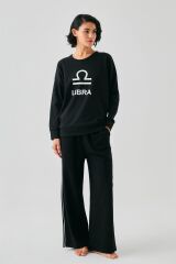 Akbeniz Kadın Siyah Terazi Burcu Oversize 2 İplik Eşofman Ev Giyim Takımı
