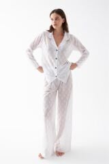 Akbeniz Kadın Beyaz Şeffaf Jakar Düğmeli Pijama Takımı