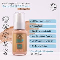 RD Risus Derma Marine Collagen BB Krem Medium,%100 saf Balık Kolajenli, Botox Etkili, 8 çeşit Hyaluronic Acid, İnce Kırışıklıkları Toparlar, Leke Oluşumunu Engeller, Cilt Tonunu Eşitler
