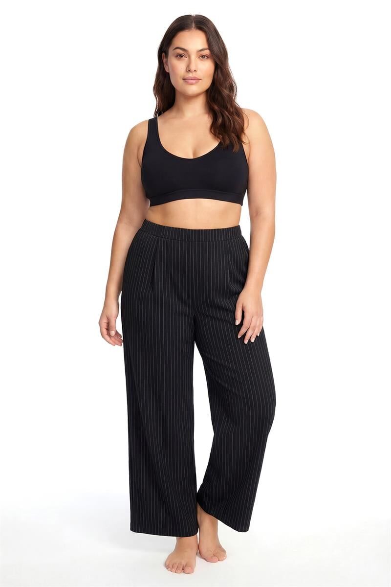 Akbeniz Kadın Siyah İnce Çizgili Büyük Beden Cepli Pijama Altı