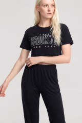 Akbeniz Crop T-Shirt Pantolon Takım Siyah