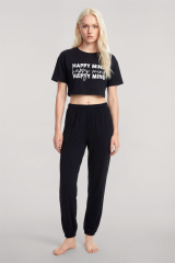 Akbeniz Baskılı Crop T-Shirt Pantolon Takım Siyah