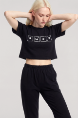 Akbeniz Baskılı Crop T-Shirt Pantolon Takım Siyah