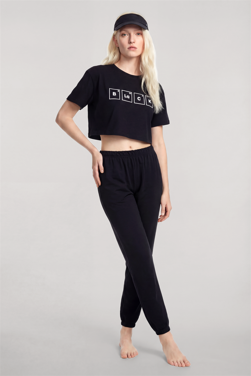Akbeniz Baskılı Crop T-Shirt Pantolon Takım Siyah