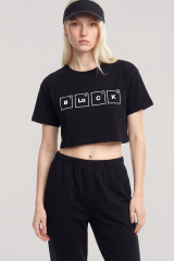 Akbeniz Baskılı Crop T-Shirt Pantolon Takım Siyah