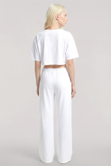 Akbeniz Baskılı Crop T-Shirt Pantolon Takım Beyaz