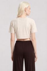 Akbeniz Baskılı Crop T-Shirt Pantolon Takım Kum Kahve
