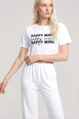 Akbeniz Baskılı Crop T-Shirt Pantolon Takım Beyaz
