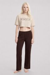 Akbeniz Baskılı Crop T-Shirt Pantolon Takım Kum Kahve