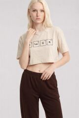 Akbeniz Baskılı Crop T-Shirt Pantolon Takım Kum Kahve