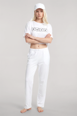 Akbeniz Baskılı Crop T-Shirt Pantolon Takım Beyaz