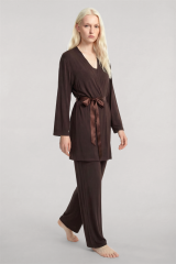 Yumuşak Dokulu Dökümlü Kısa Kimono Kahve
