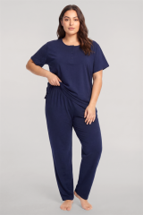 Akbeniz Büyük Beden Düğmeli Kısa Kollu Pijama Takımı Lacivert