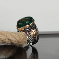 Kehribar Taşlı Elhamdülillah Yazılı Gümüş Erkek Yüzük