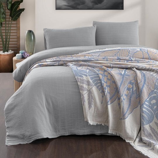 Schafer Home Nature Müslin Yatak Örtüsü Nevresim Seti 5 Parça-Mavi