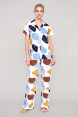 Akbeniz Kadın Ekru Desenli Klasik Gömlek Yaka Pijama Takımı