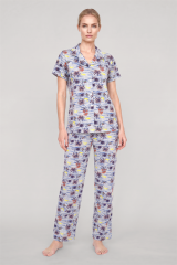 Akbeniz Kadın Gri Desenli Klasik Gömlek Yaka Pijama Takımı