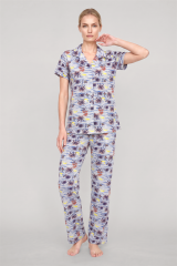 Akbeniz Kadın Gri Desenli Klasik Gömlek Yaka Pijama Takımı